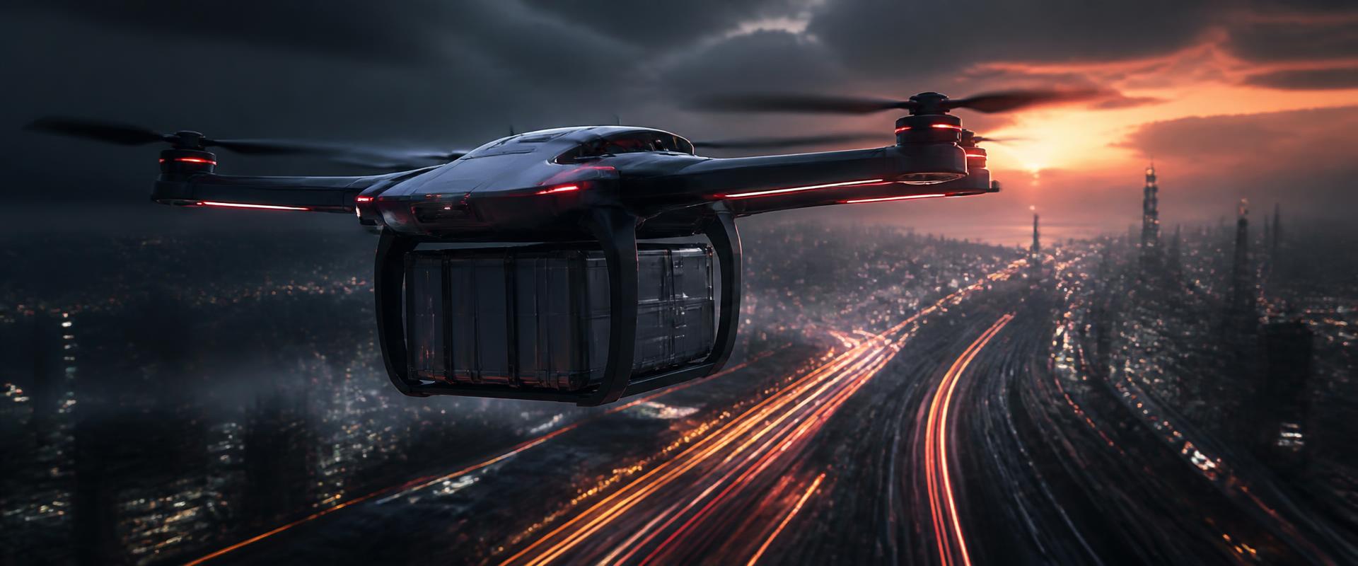 Pegasus Express autonomous cargo drone flying above a dark industrial city at dusk